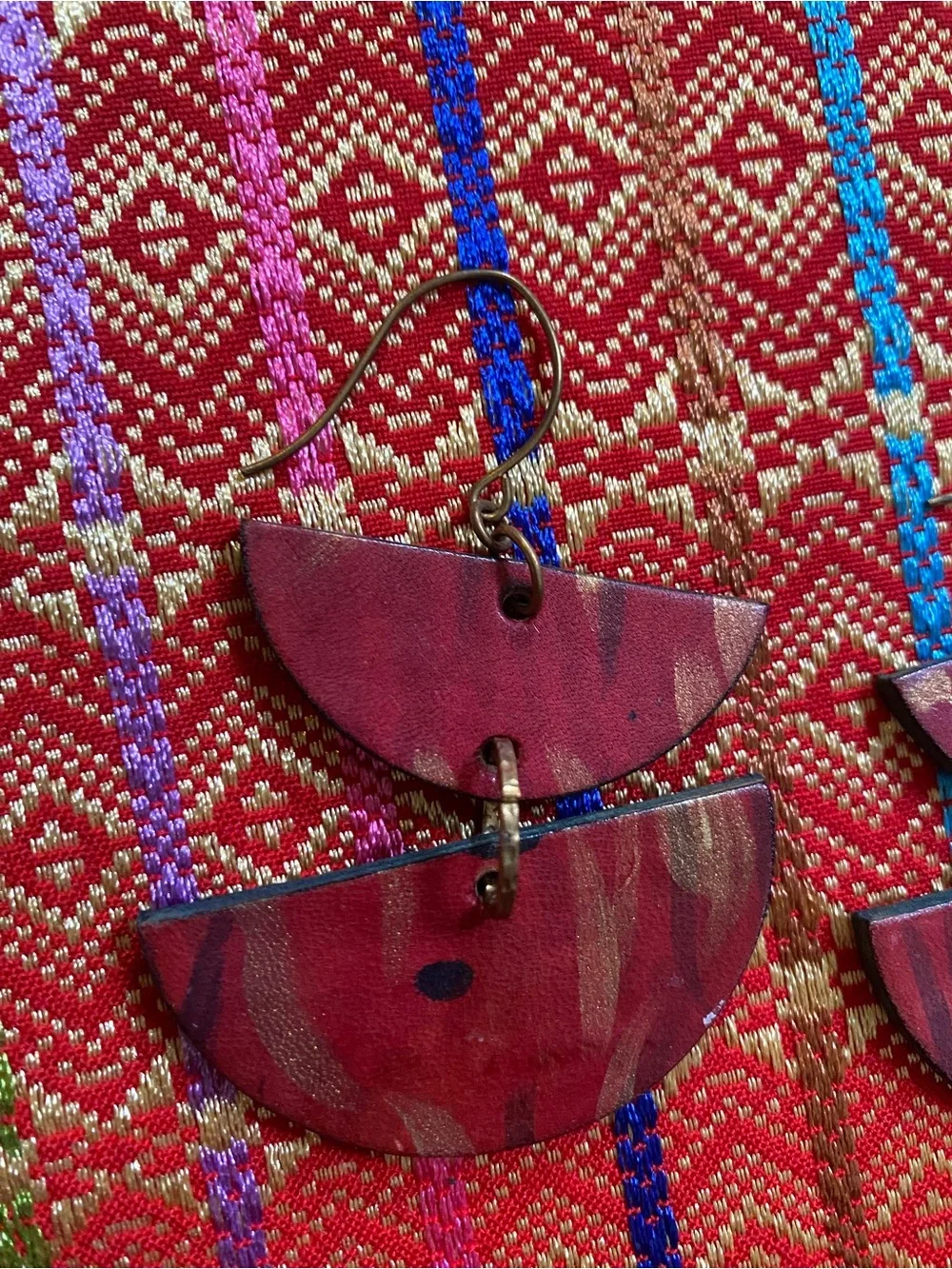 Handmade 100% Leather pink bronze blue fan dangle earrings. New. high quality